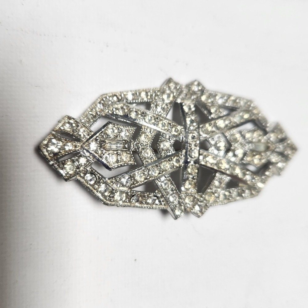 Vintage  Rhinestone Pot Metal Geometric Brooch Pin Clear Crystal Retro
